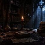 An_image_of_a_mystical_witch_s_lair_set_in_the_medieval_era_illuminated_by_the_s-0