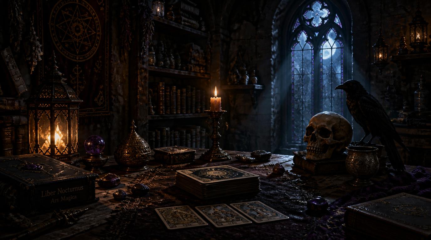 An_image_of_a_mystical_witch_s_lair_set_in_the_medieval_era_illuminated_by_the_s-0